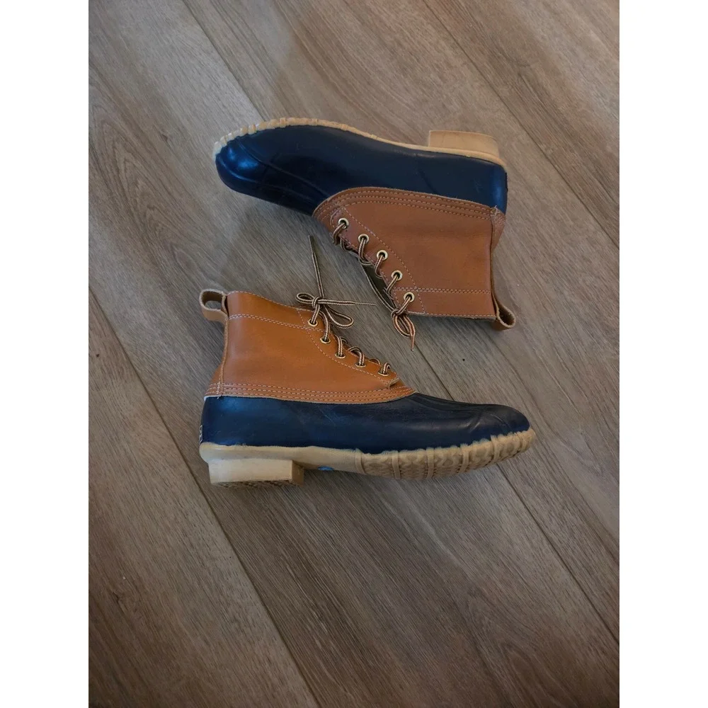 Vintage 90s Eddie Bauer Women's Sherpa Lined Navy Tan Leather Duck Boots Size 8
